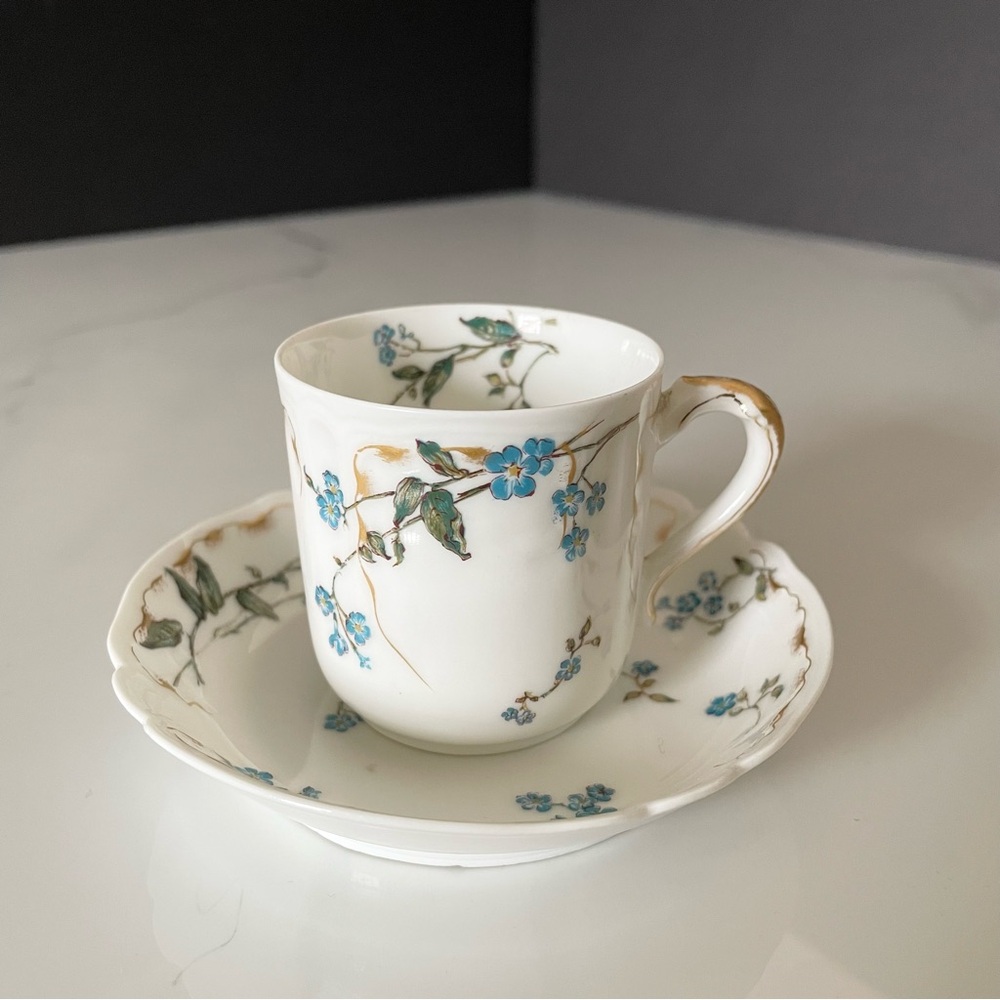 Espresso Demitasse Cup & Saucer - Blue Flowers with Gold - Haviland Limoges